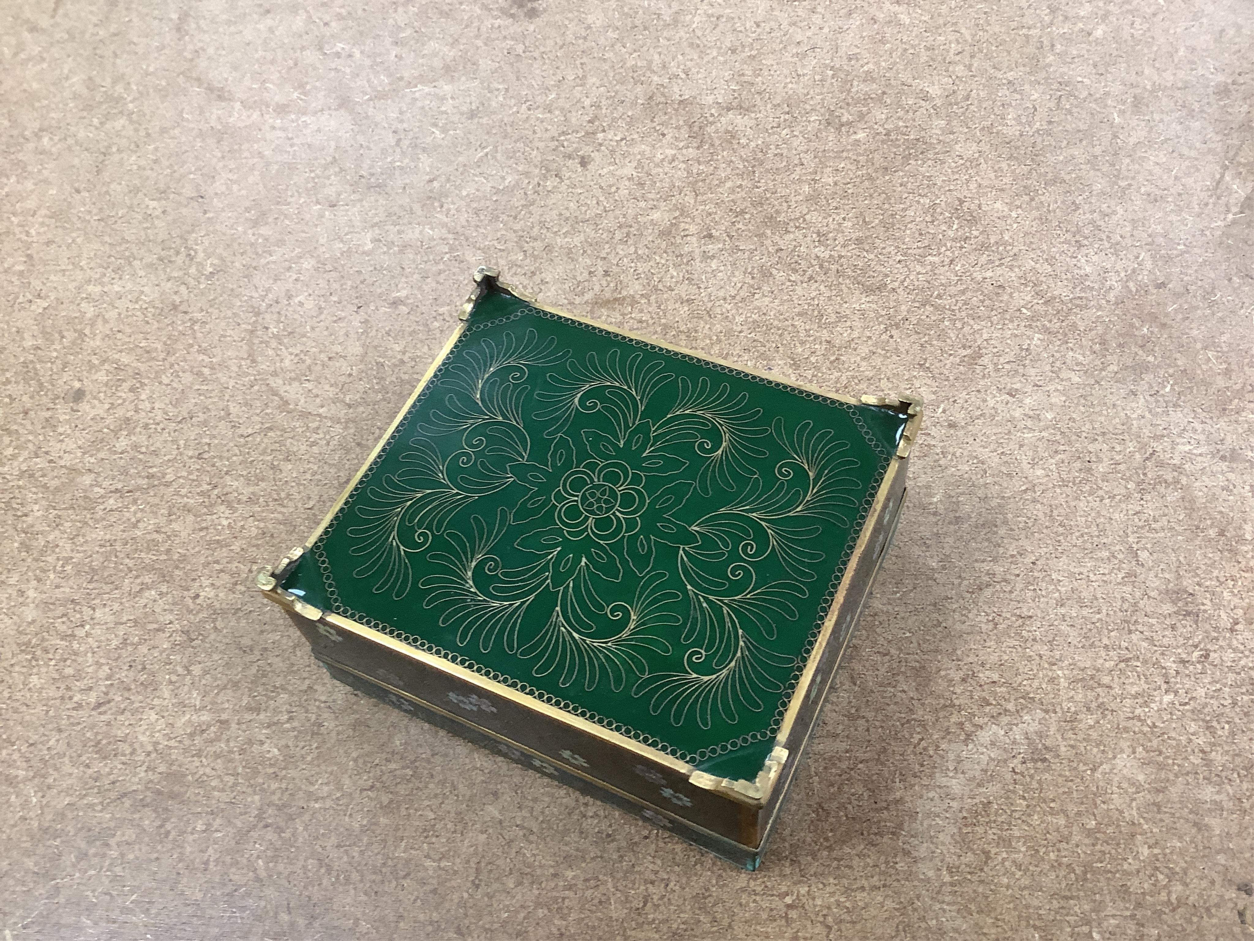 A Japanese cloisonné enamel cigarette box, early 20th century, a leather cased 1930's camera, a pair of enamelled opera glasses etc. condition - fair